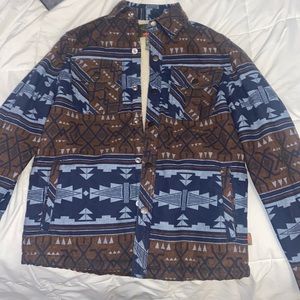 small st. john’s bay blue and brown abstract printed winter coat